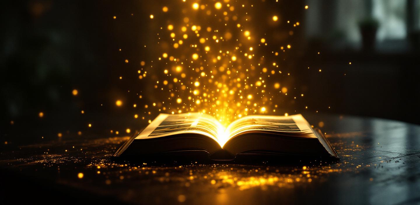 A magical book glowing with your stories